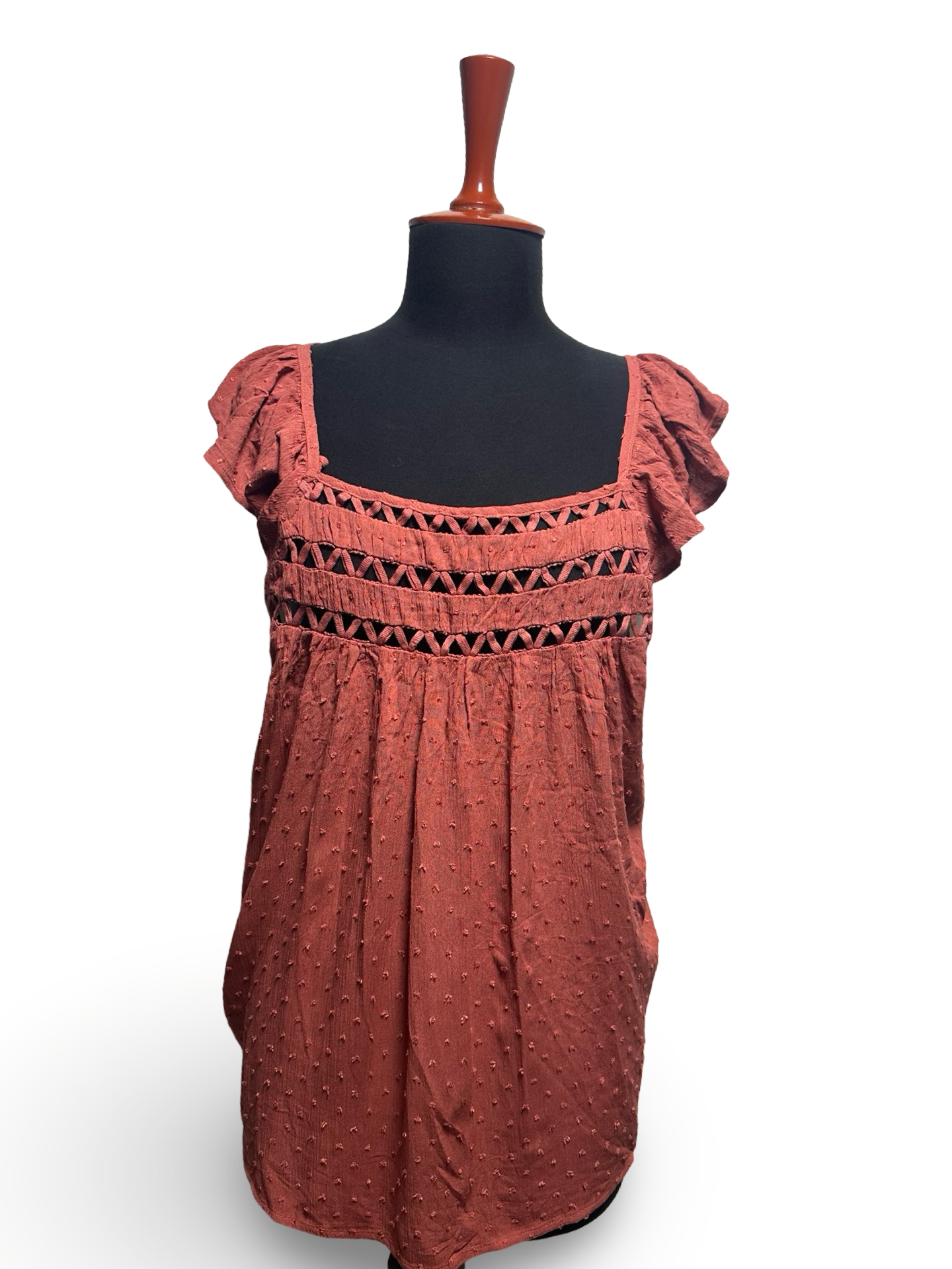 Maurices Flutter Sleeve Babydoll Top Rust Brown Swiss Dot Flowy