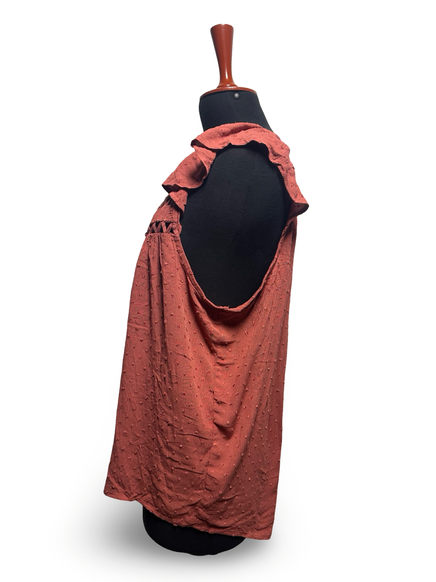 Maurices Flutter Sleeve Babydoll Top Rust Brown Swiss Dot Flowy