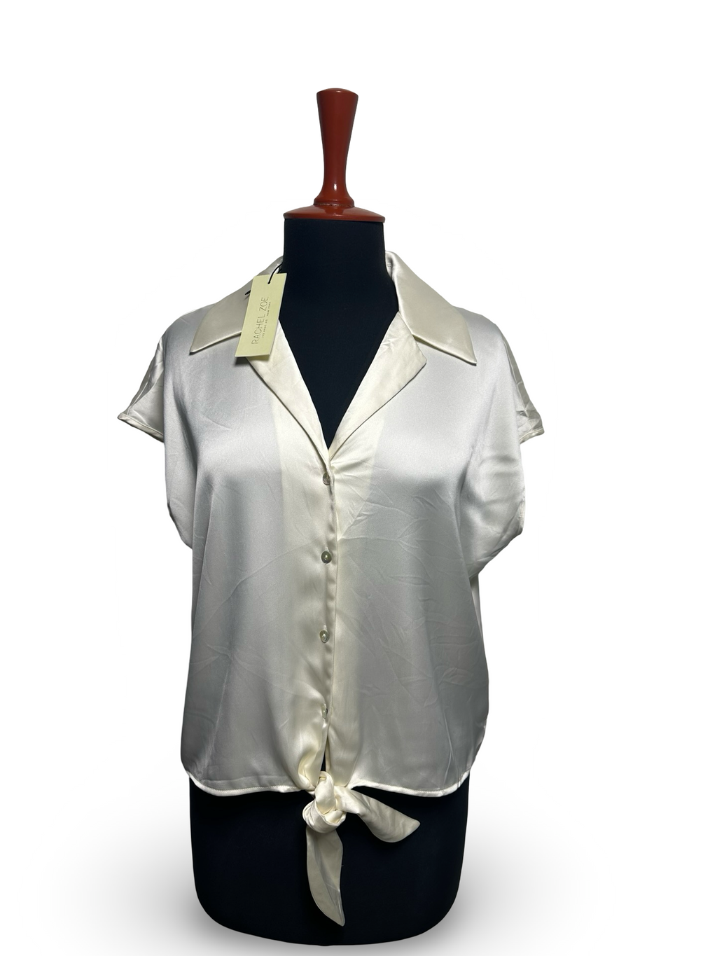 Rachel Zoe Crop Top Woman's Small Button Tie Beige Silky Cap Sleeve Blouse Shirt