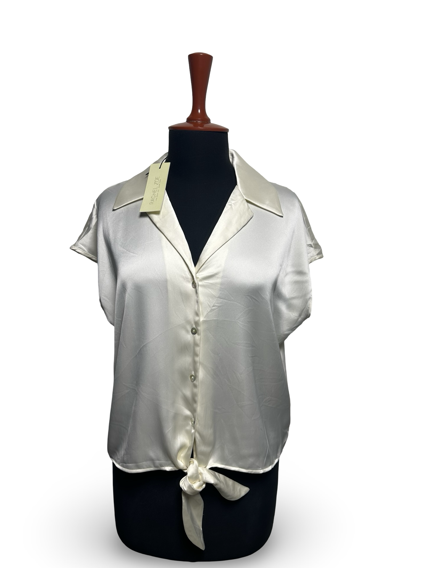 Rachel Zoe Crop Top Woman's Small Button Tie Beige Silky Cap Sleeve Blouse Shirt