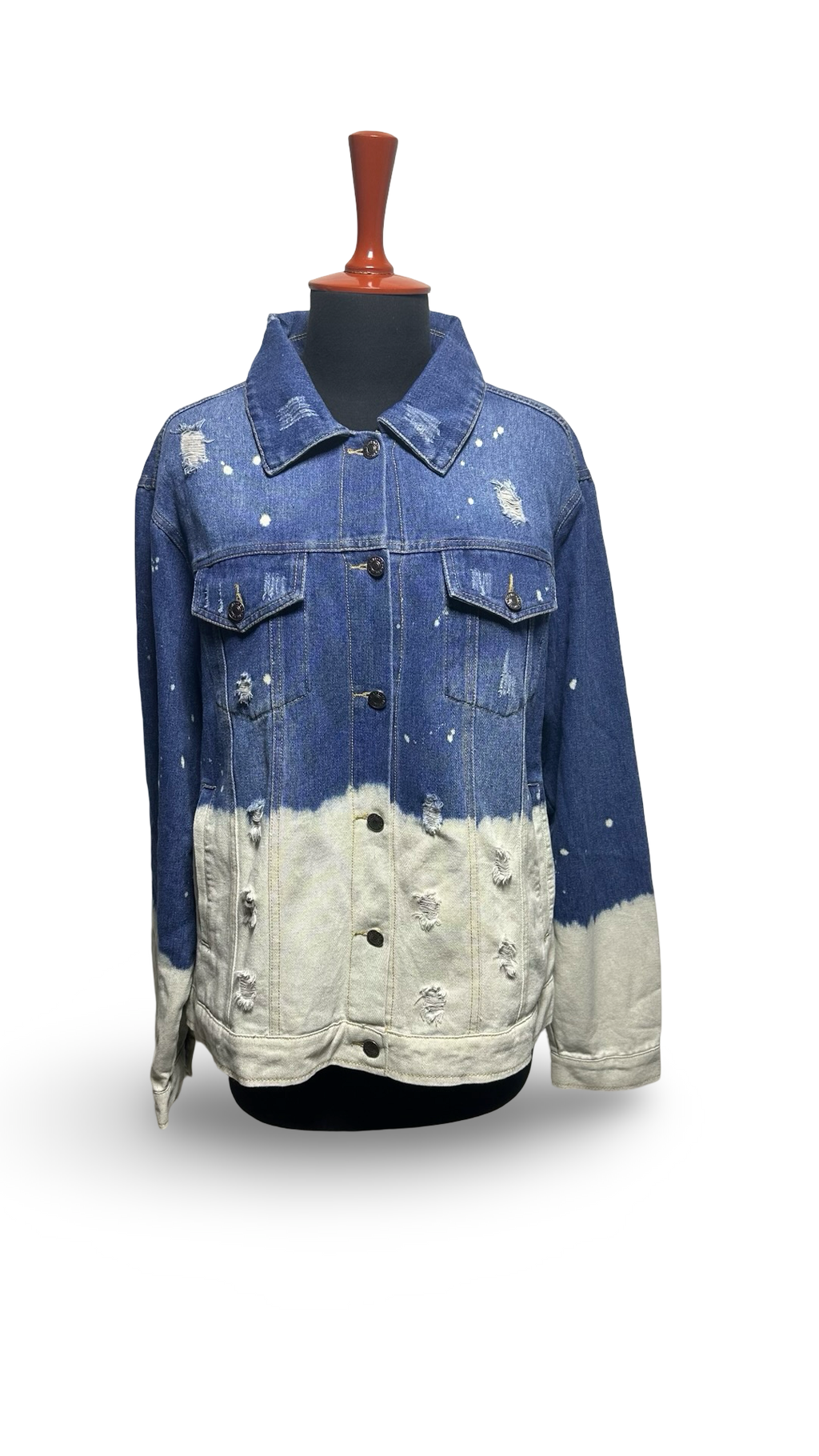 Bleached two-toned denim jacket. Distressed