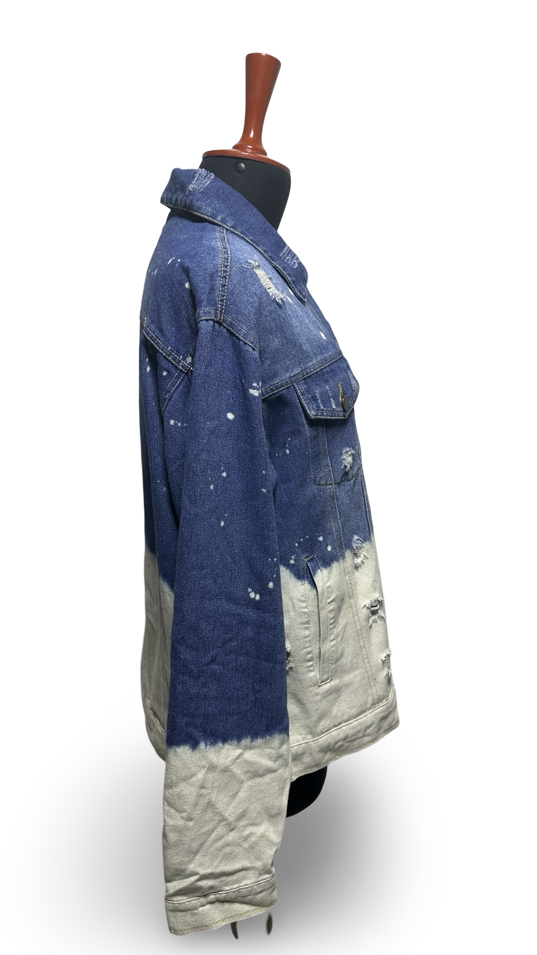 Bleached two-toned denim jacket. Distressed