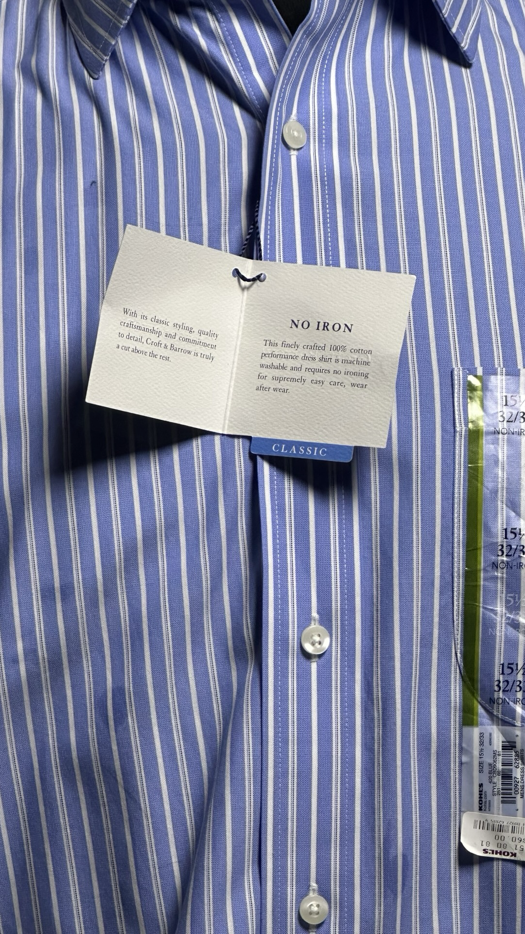 NWT Croft & Barrow Dress Shirt Men's 15.5 - 32/33 Blue w Stripes Cotton MSRP $60NWT