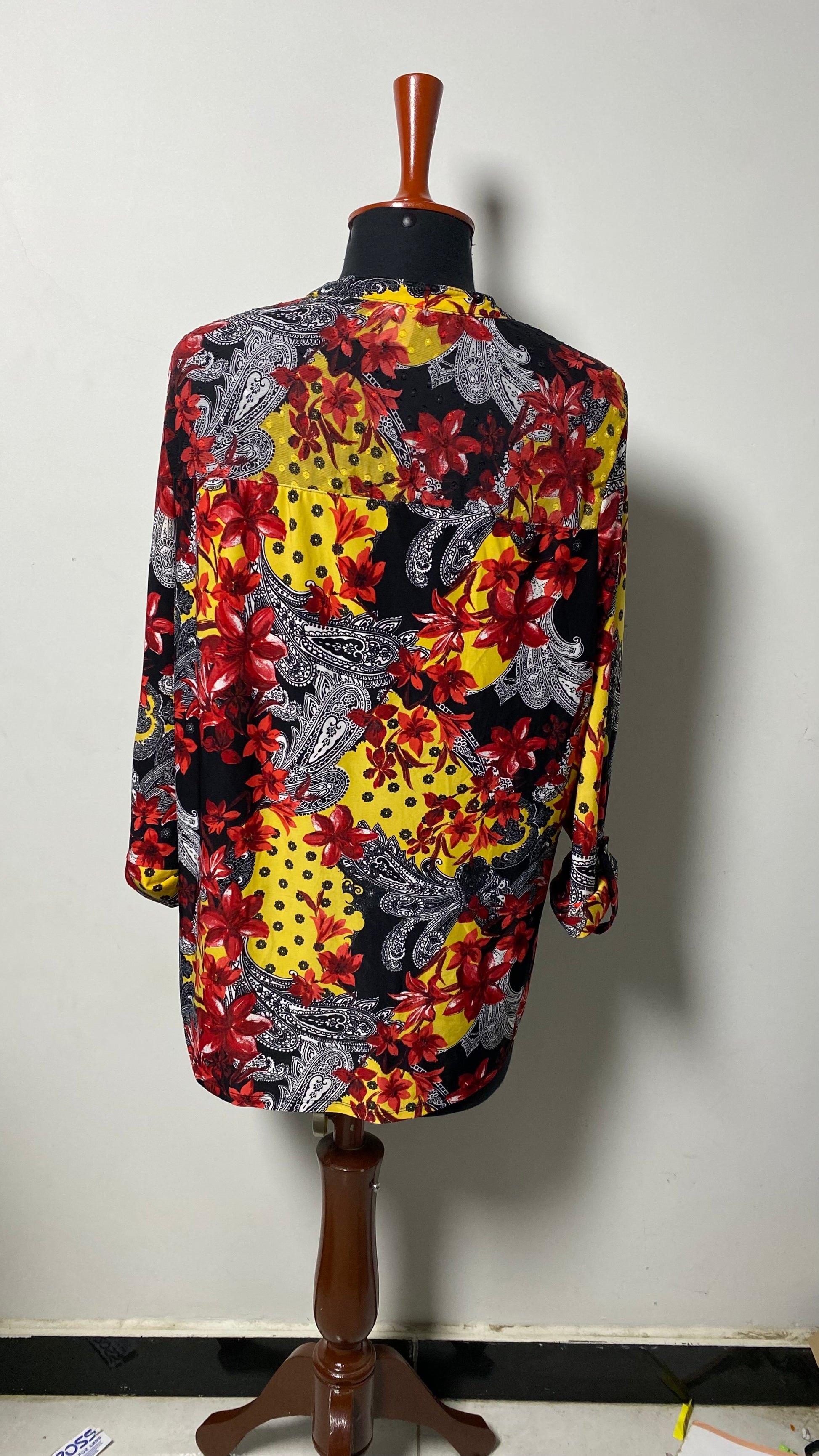 JTB Top L Cute Red Black Floral Print Stretch Knit Artsy Babydoll Shirt Blouse