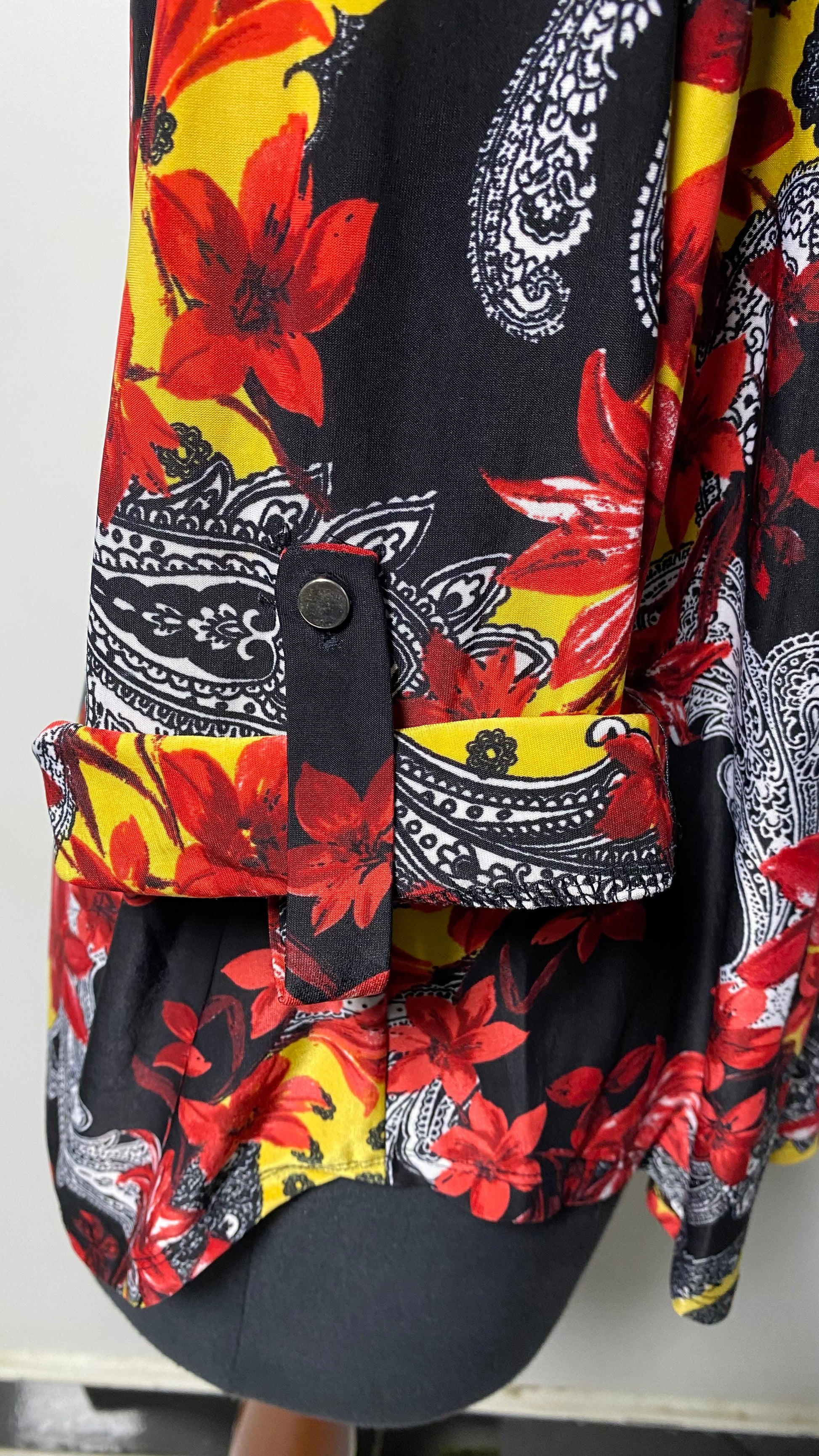 JTB Top L Cute Red Black Floral Print Stretch Knit Artsy Babydoll Shirt Blouse