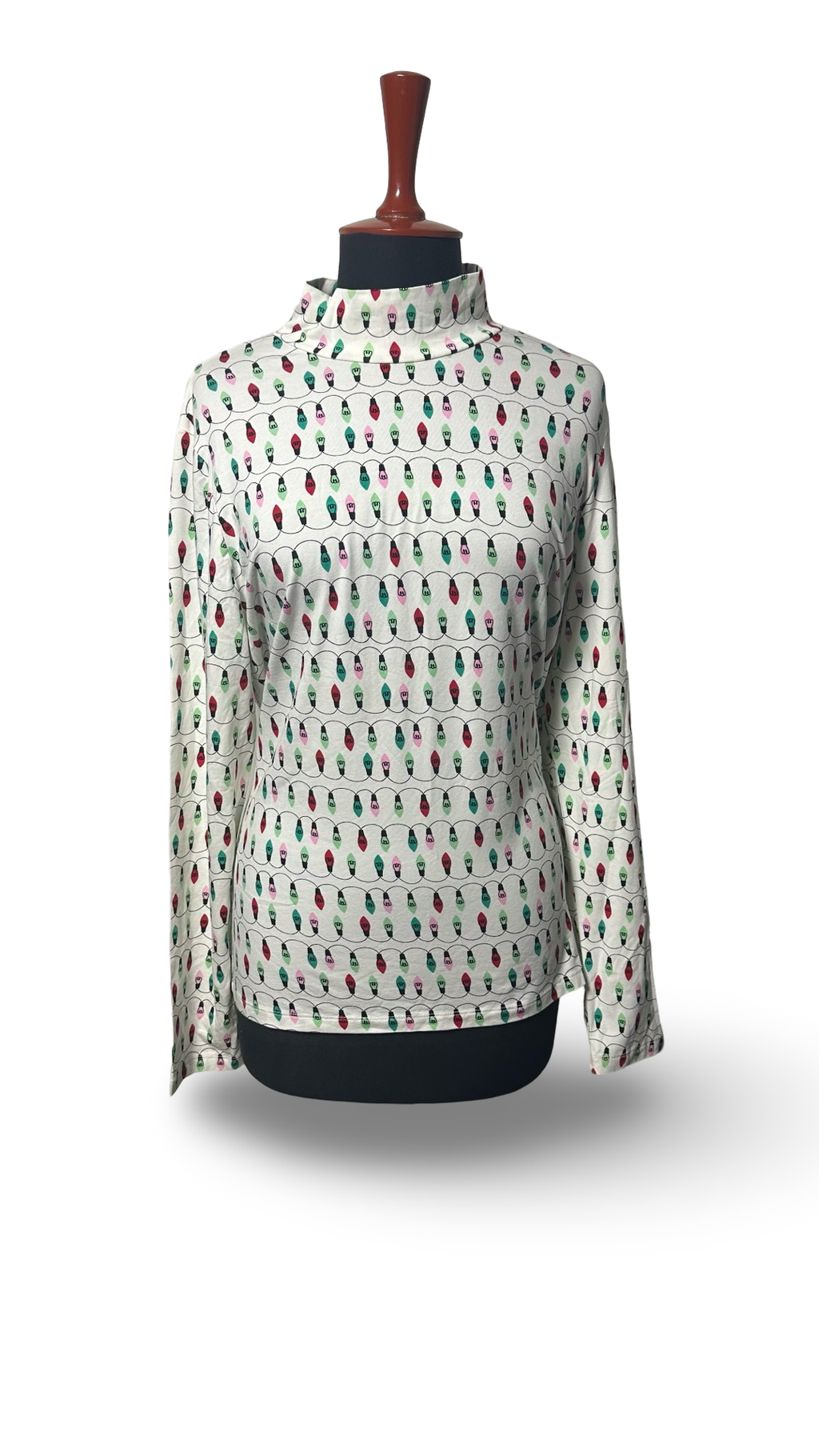 Time & Tru Women's S Christmas Lights Pattern Long Sleeve Mock Neck Fitted Pullover Top
