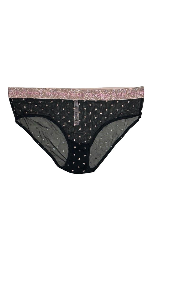 Woman's Victoria's Secret Black Mesh Pink Bling Panties