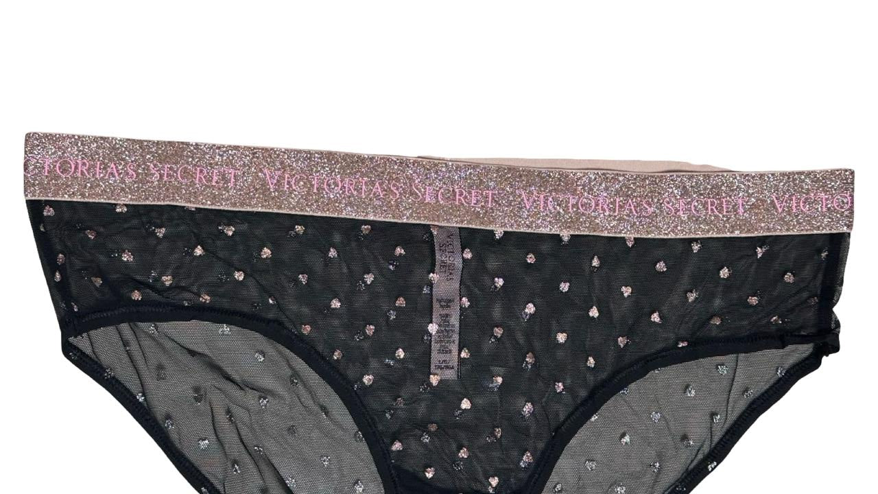 Woman's Victoria's Secret Black Mesh Pink Bling Panties