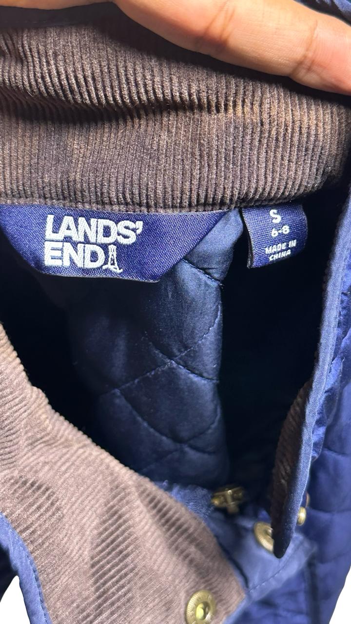 Lands’ End Men's Blue Quilted Barn Coat Chore Jacket Corduroy Collar