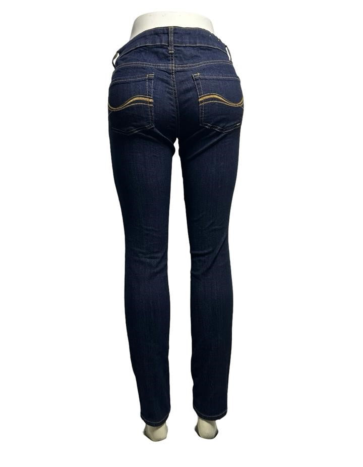 SO Women Skinny Jeans Plain Solid Dark Blue Denim