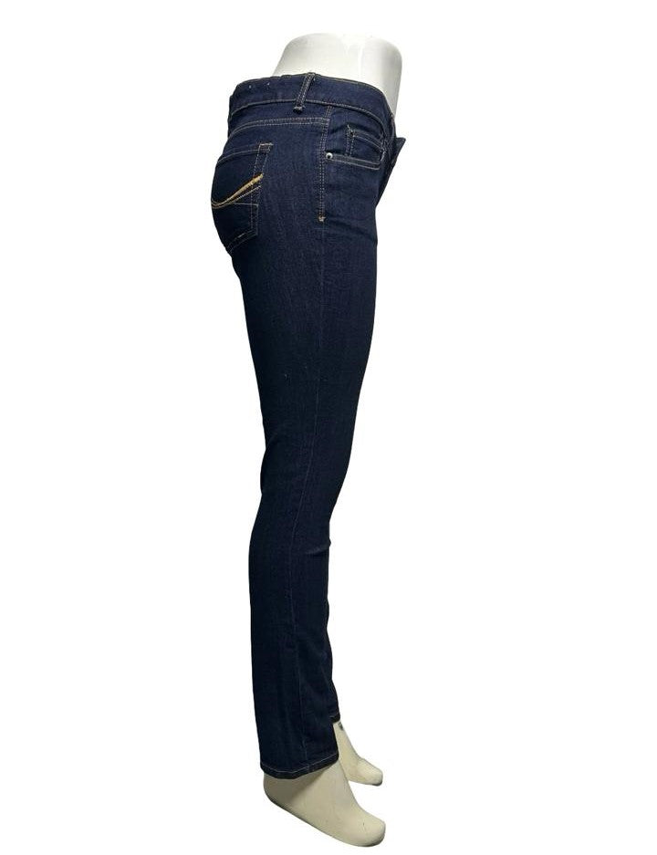 SO Women Skinny Jeans Plain Solid Dark Blue Denim